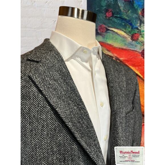 Harris Tweed x Jos A Bank 44R Black White Herringbone Sport Coat Blazer 3/2 Roll - Picture 5 of 14